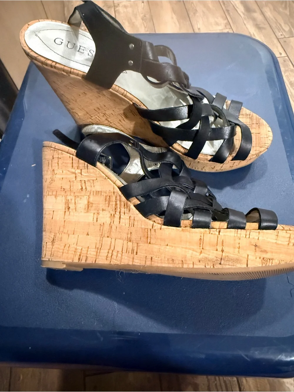 Guess Black Woven Cork Wedge Sandals